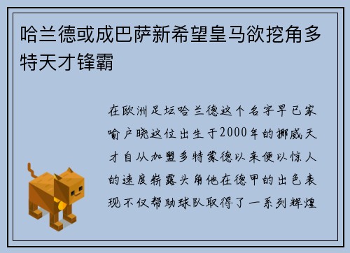 哈兰德或成巴萨新希望皇马欲挖角多特天才锋霸